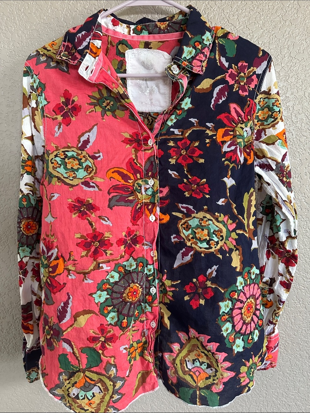 Cupio Floral Patchwork Button-Down Shirt - Pink & Navy